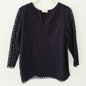 Tory Burch Linen Tali Embroidered Top Blue